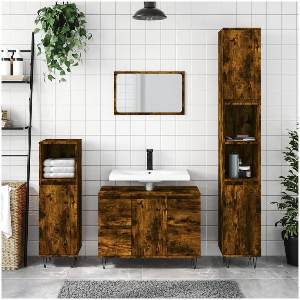 Armadietto Bagno Rovere Fumo 80x33x60 Cm In Legno Multistrato - Foto 1