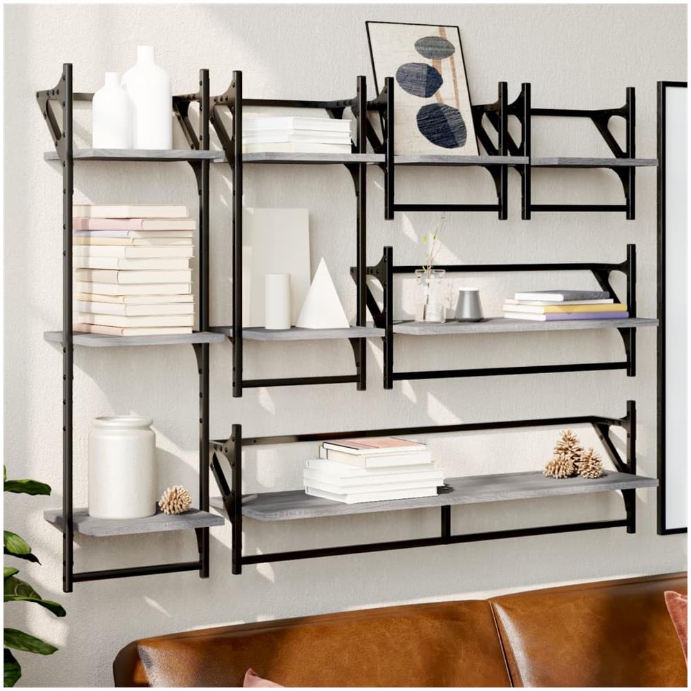 Set Mensole Parete Con Aste 6pz Grigio Sonoma Legno Multistrato - Foto 1