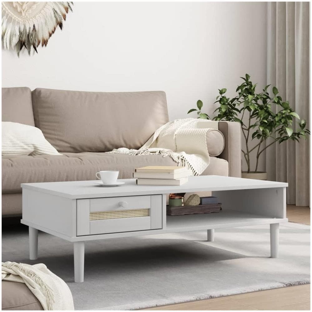 Tavolino Senja Aspetto Rattan Bianco 100x55x33cm Legno Massello - Foto 1