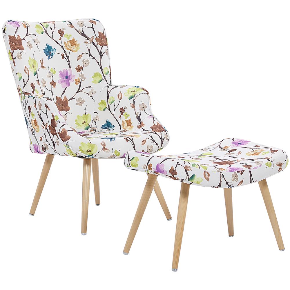 Sedia Wingback E Poggiapiedi Con Motivo Floreale Color Crema Vejle - Foto 1