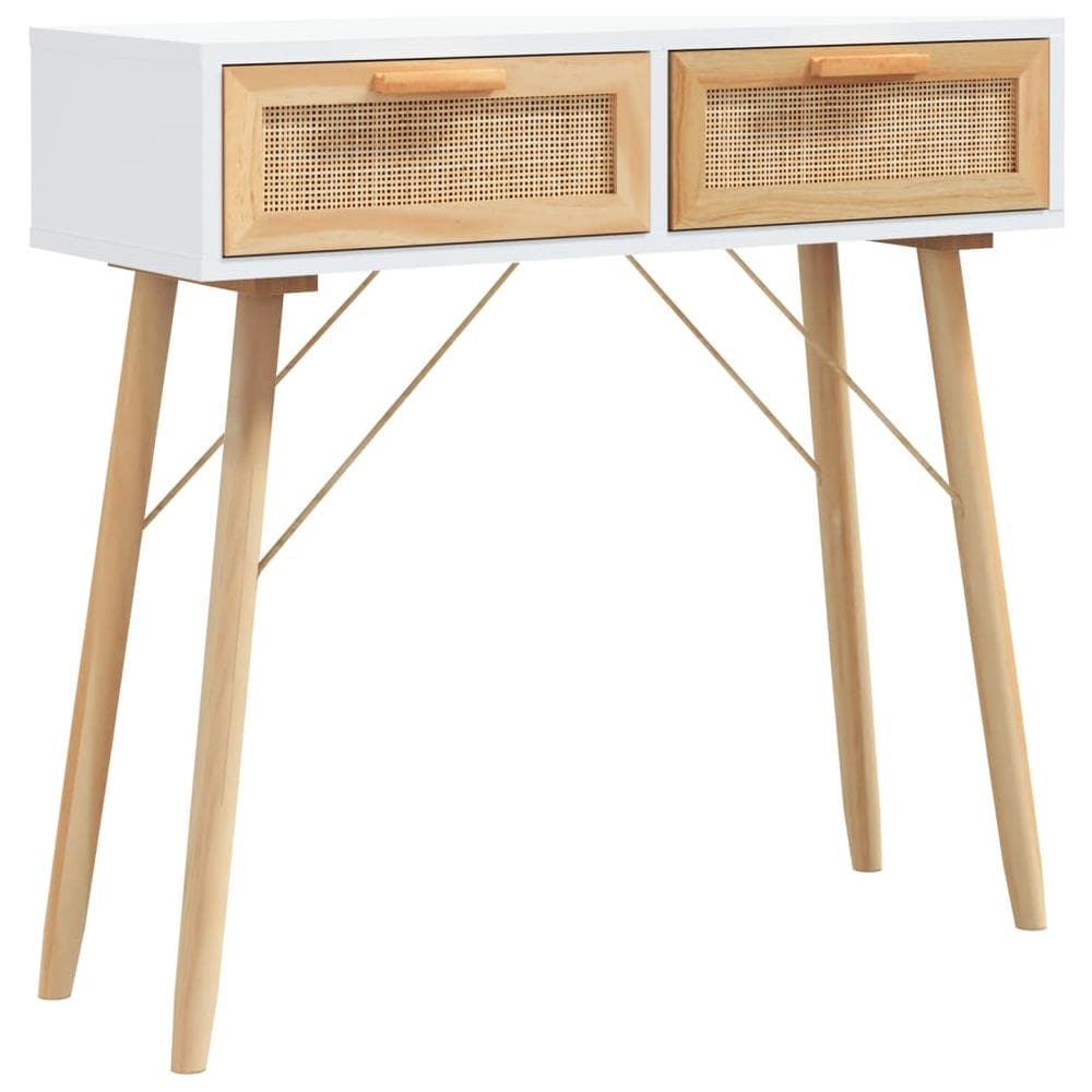 Tavolo Consolle Bianco 80x30x75cm Massello Pino Rattan Naturale - Foto 2