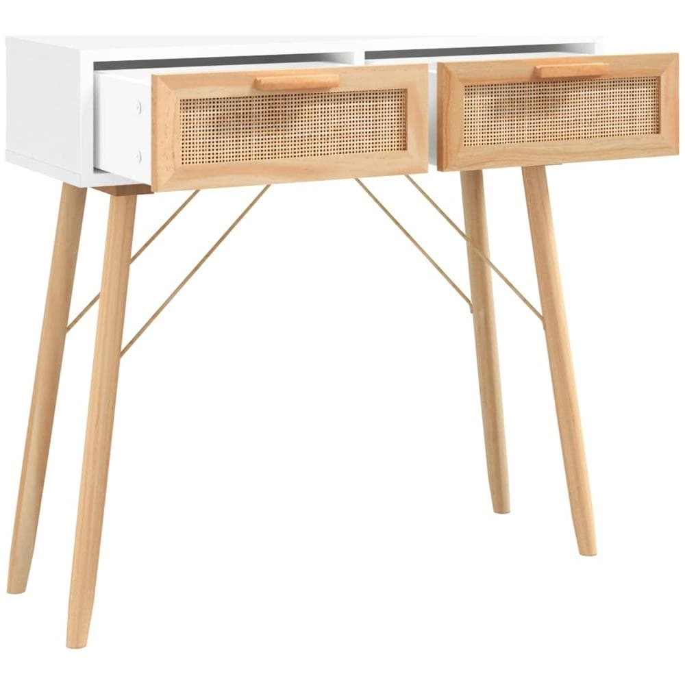 Tavolo Consolle Bianco 80x30x75cm Massello Pino Rattan Naturale - Foto 3