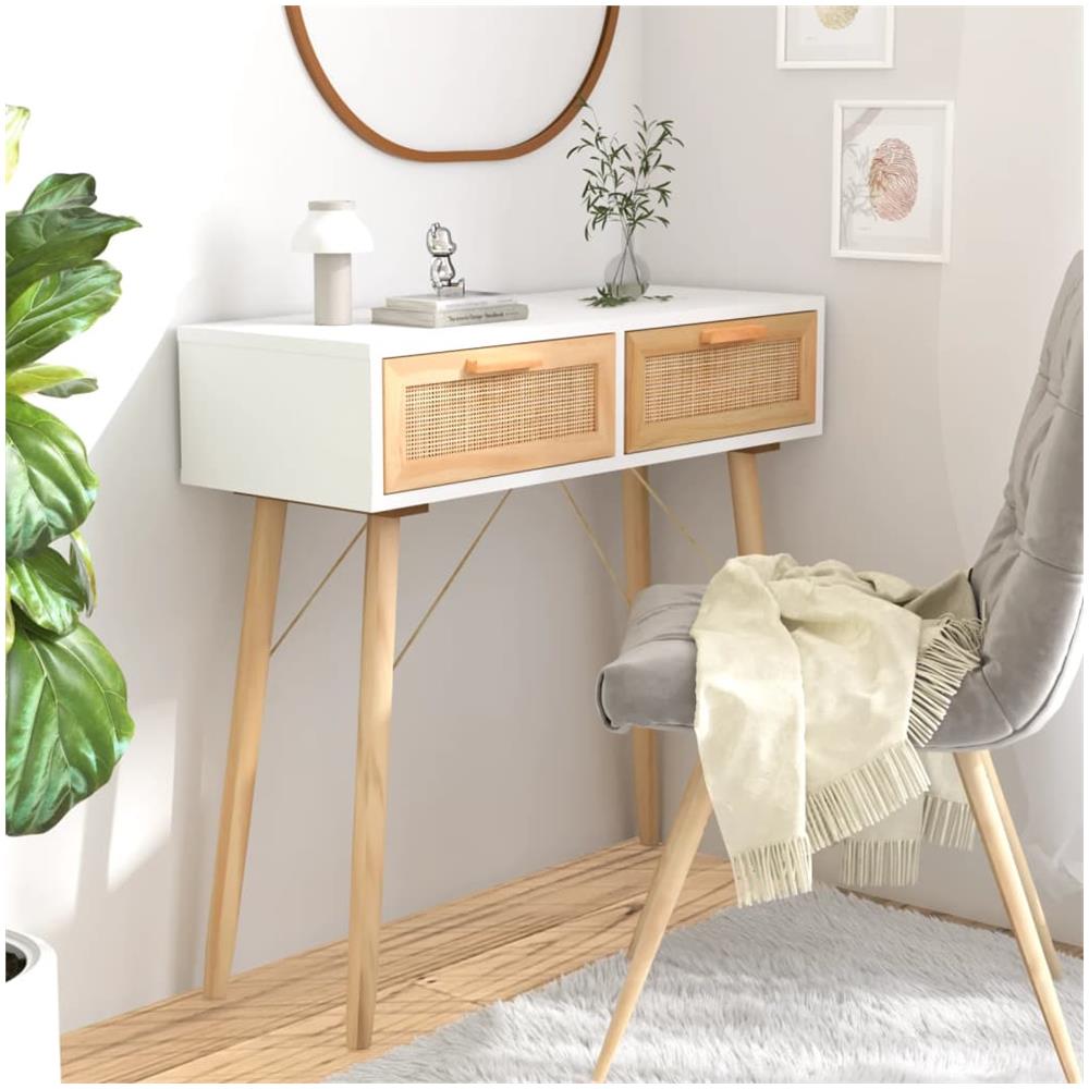 Tavolo Consolle Bianco 80x30x75cm Massello Pino Rattan Naturale - Foto 1