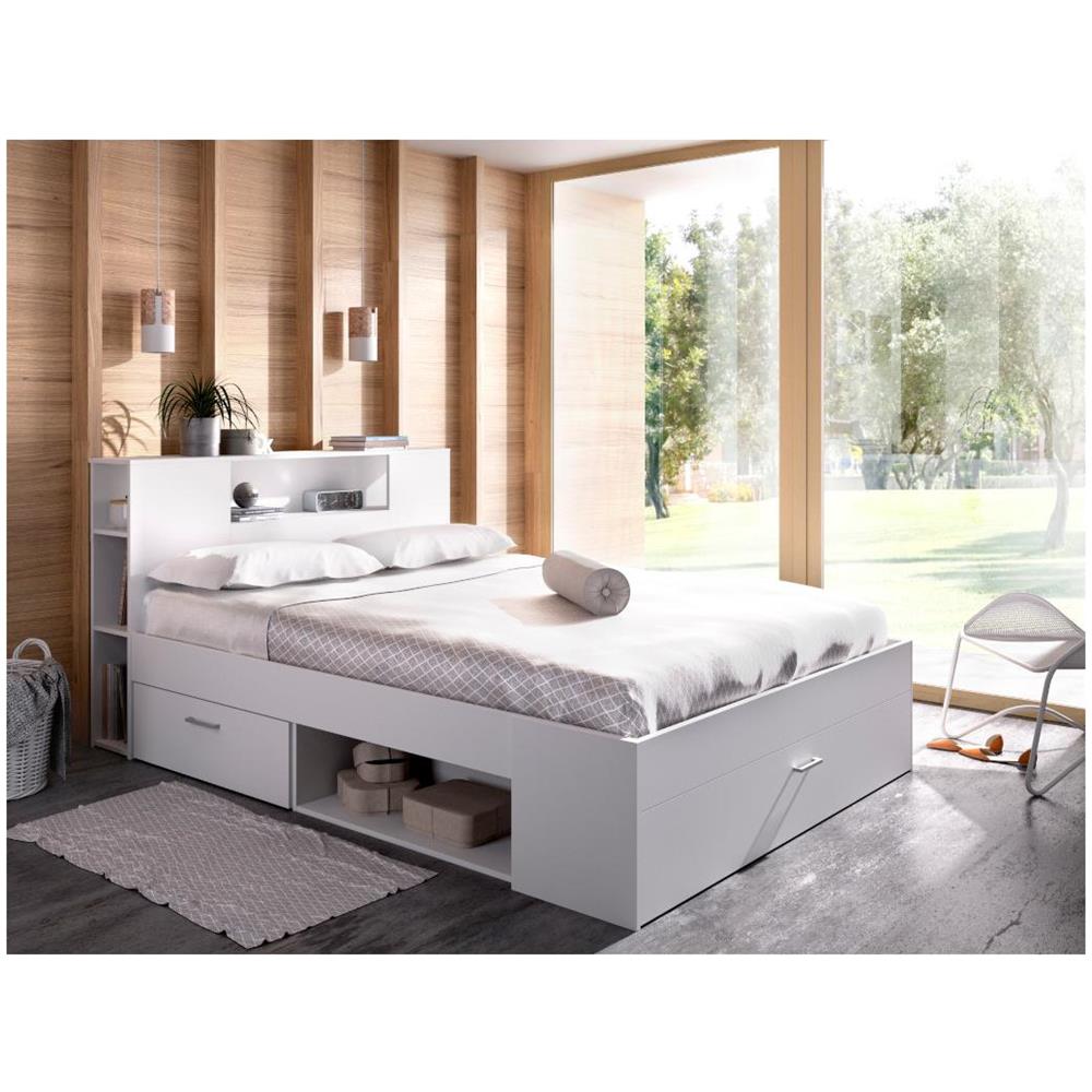 Letto LEANDRE Con Contenitore E Cassetti 140x190 Cm - Testiera Con Vani Portaoggetti, Nicchie E Baule, Colore Naturale, Con Rete A Doghe Inclusa