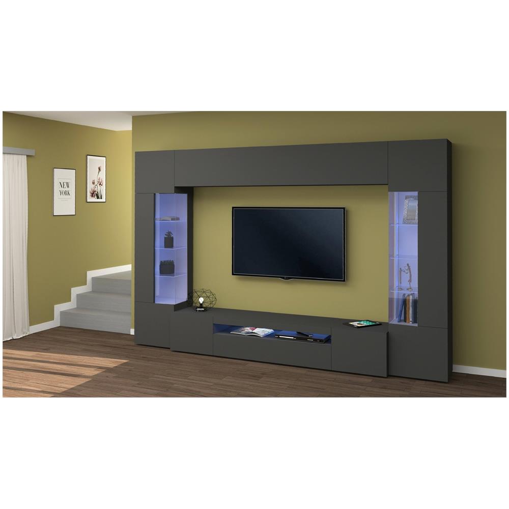 Parete Attrezzata Clementino, Set Salotto Porta Tv A 6 Ante, Mobile Soggiorno Multiuso Con Luce Led, 100% Made In Italy, Cm 290x40h191, Antracite - Foto 1
