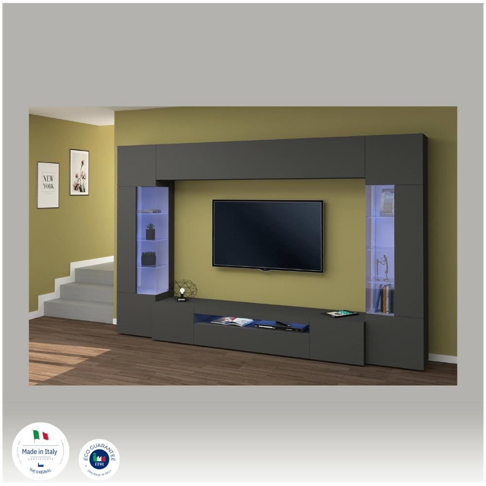 Parete Attrezzata Clementino, Set Salotto Porta Tv A 6 Ante, Mobile Soggiorno Multiuso Con Luce Led, 100% Made In Italy, Cm 290x40h191, Antracite - Foto 4