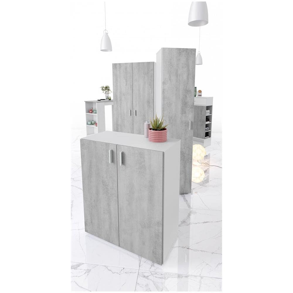 Armadio Multiuso Hialeah, Mobile Ausiliario Basso, Scarpiera A 2 Ante Battenti E 1 Ripiano, Mobile Portascarpe, 80x37h92 Cm, Cemento E Bianco - Foto 4
