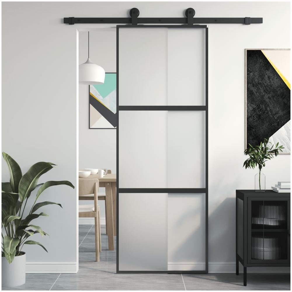Porta Scorrevole Nera 76x205 Cm In Vetro Temperato E Alluminio - Foto 1