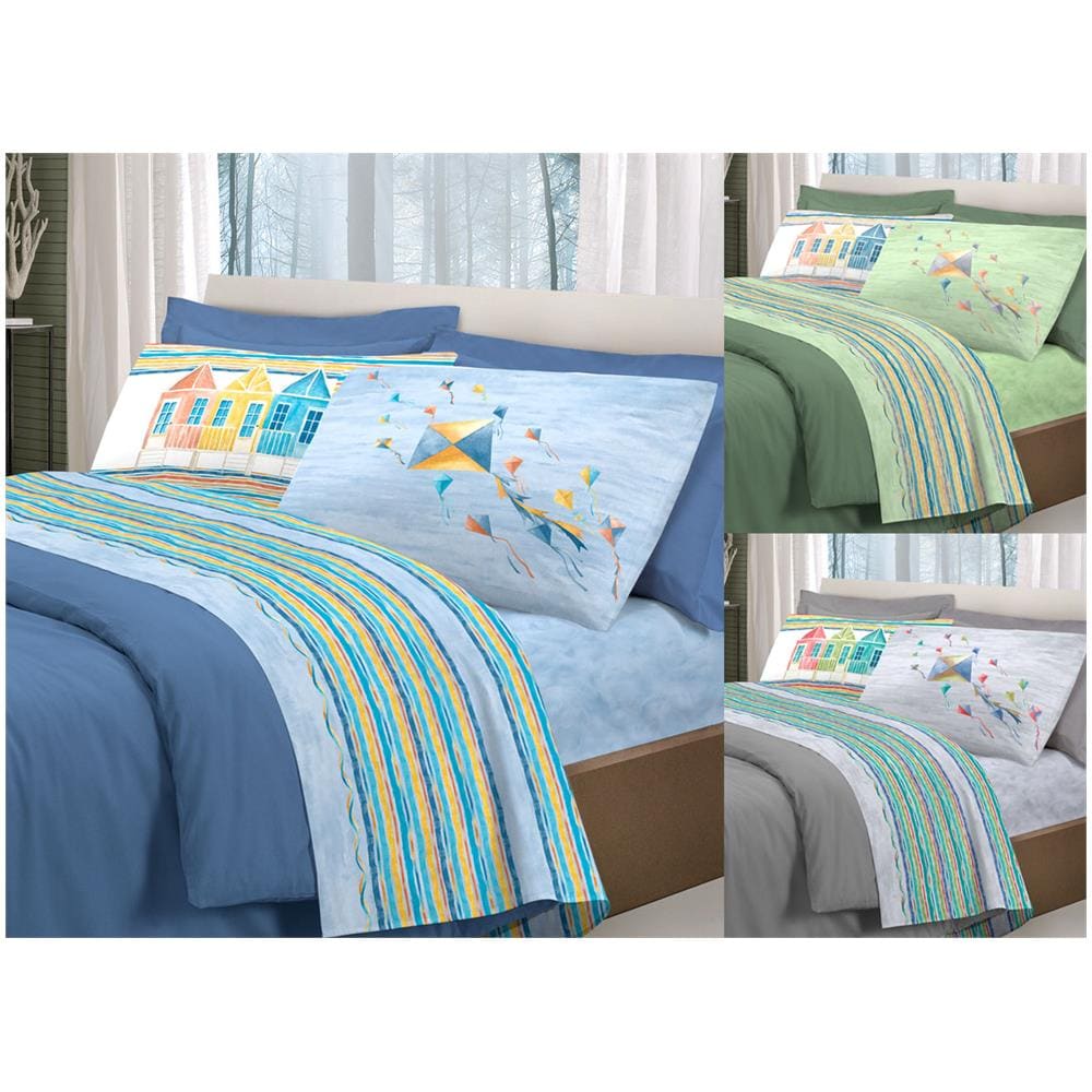 Completo Lenzuola Letto Pensieri Delicati 100% Cotone Dis. Aquiloni Singolo Grigio - Foto 2