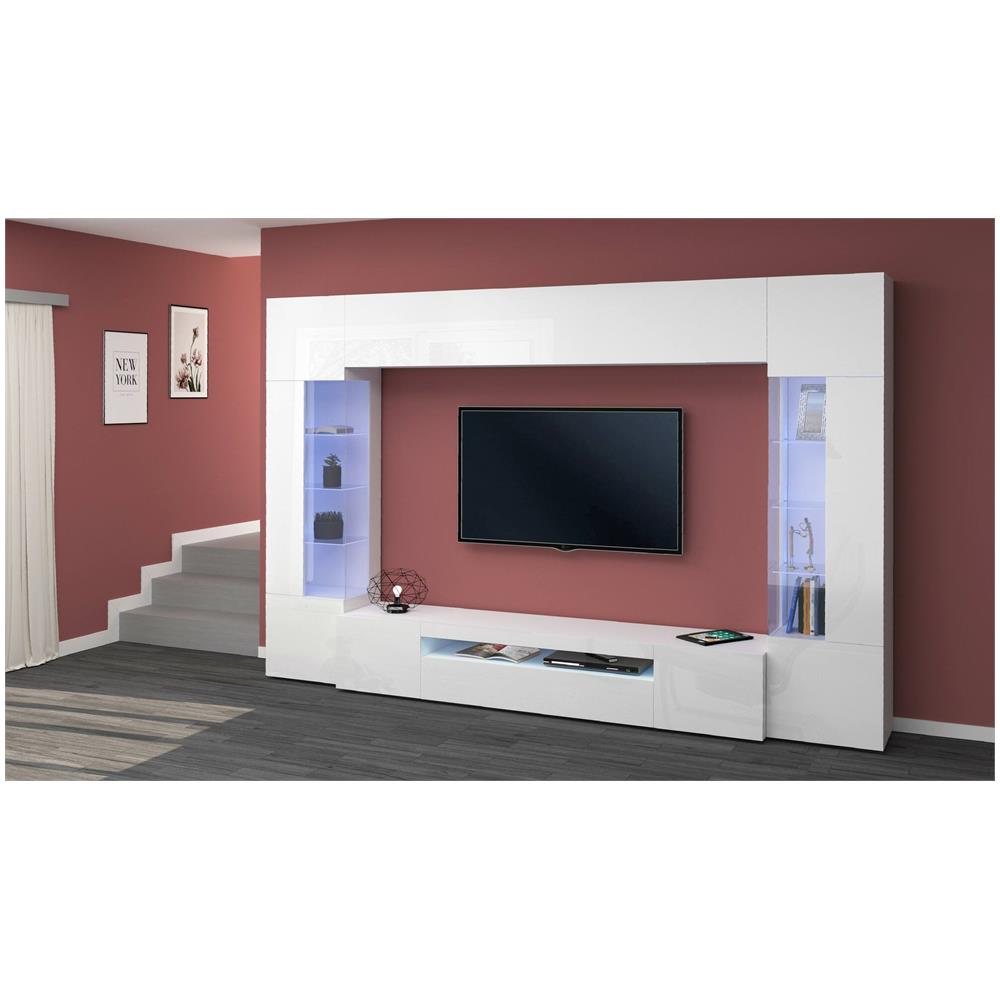 Parete Attrezzata Clementino, Set Salotto Porta Tv A 6 Ante, Mobile Soggiorno Multiuso Con Luce Led, 100% Made In Italy, Cm 290x40h191, Bianco Lucido - Foto 1