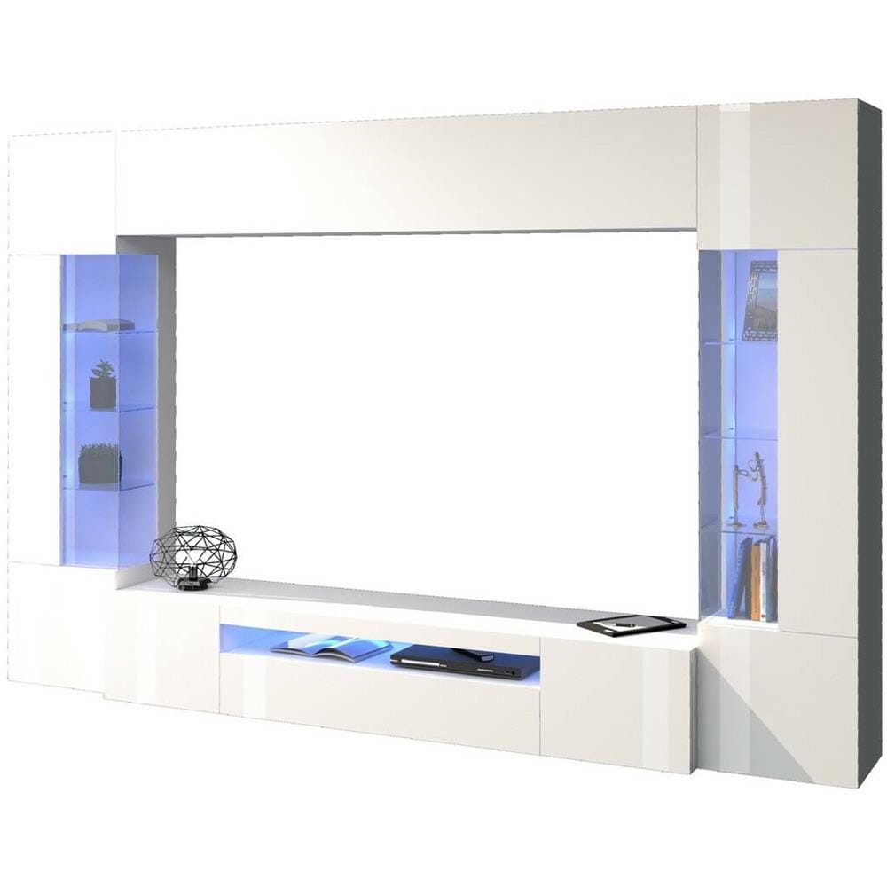 Parete Attrezzata Clementino, Set Salotto Porta Tv A 6 Ante, Mobile Soggiorno Multiuso Con Luce Led, 100% Made In Italy, Cm 290x40h191, Bianco Lucido - Foto 2