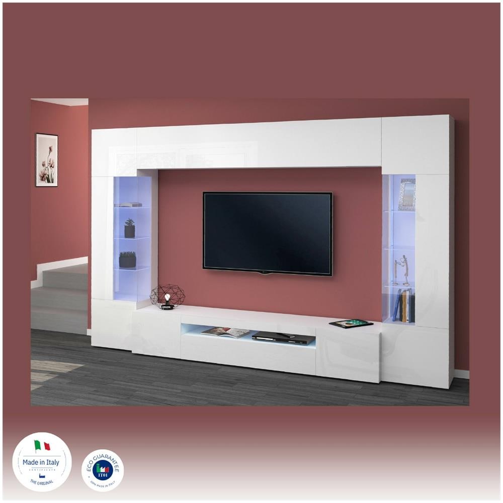 Parete Attrezzata Clementino, Set Salotto Porta Tv A 6 Ante, Mobile Soggiorno Multiuso Con Luce Led, 100% Made In Italy, Cm 290x40h191, Bianco Lucido - Foto 4