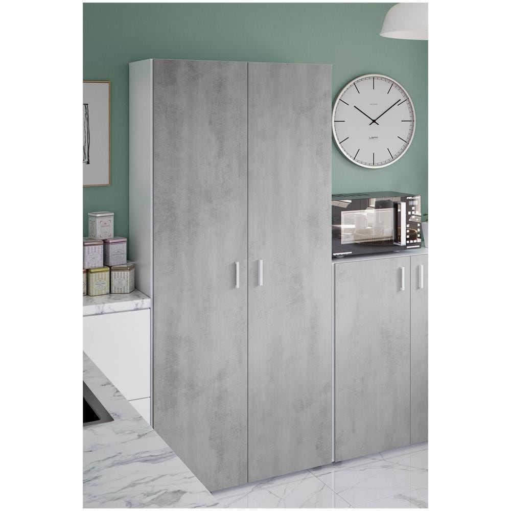 Armadio Multiuso Irvine, Mobile Ausiliario A 2 Ante, Guardaroba Portascope A 2 Ante E 3 Ripiani, 80x37h182 Cm, Cemento E Bianco - Foto 1