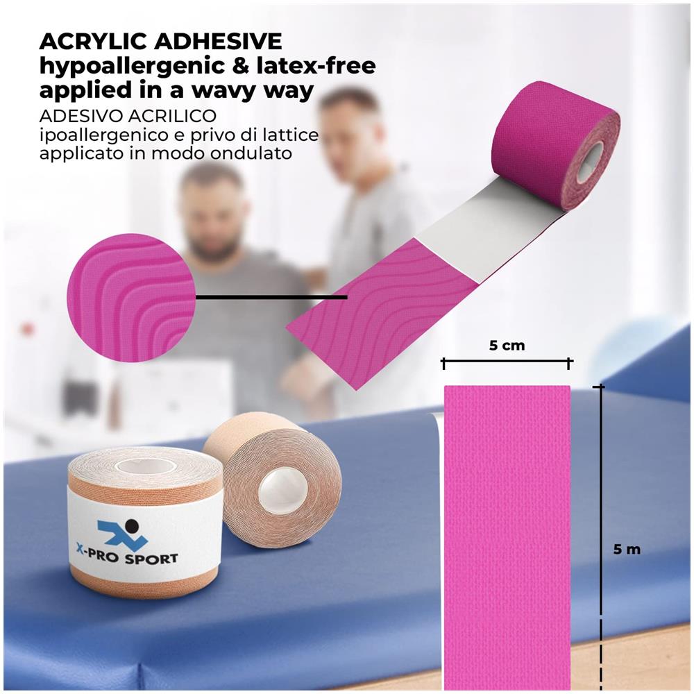 Nastro Kinesiologico 5m X 5cm, Kinesio Tape Con E-book Con Esempi Applicazione, Cerotto Muscolare, Taping Forte Resistente Elastico (1 X Rosa) - Foto 2