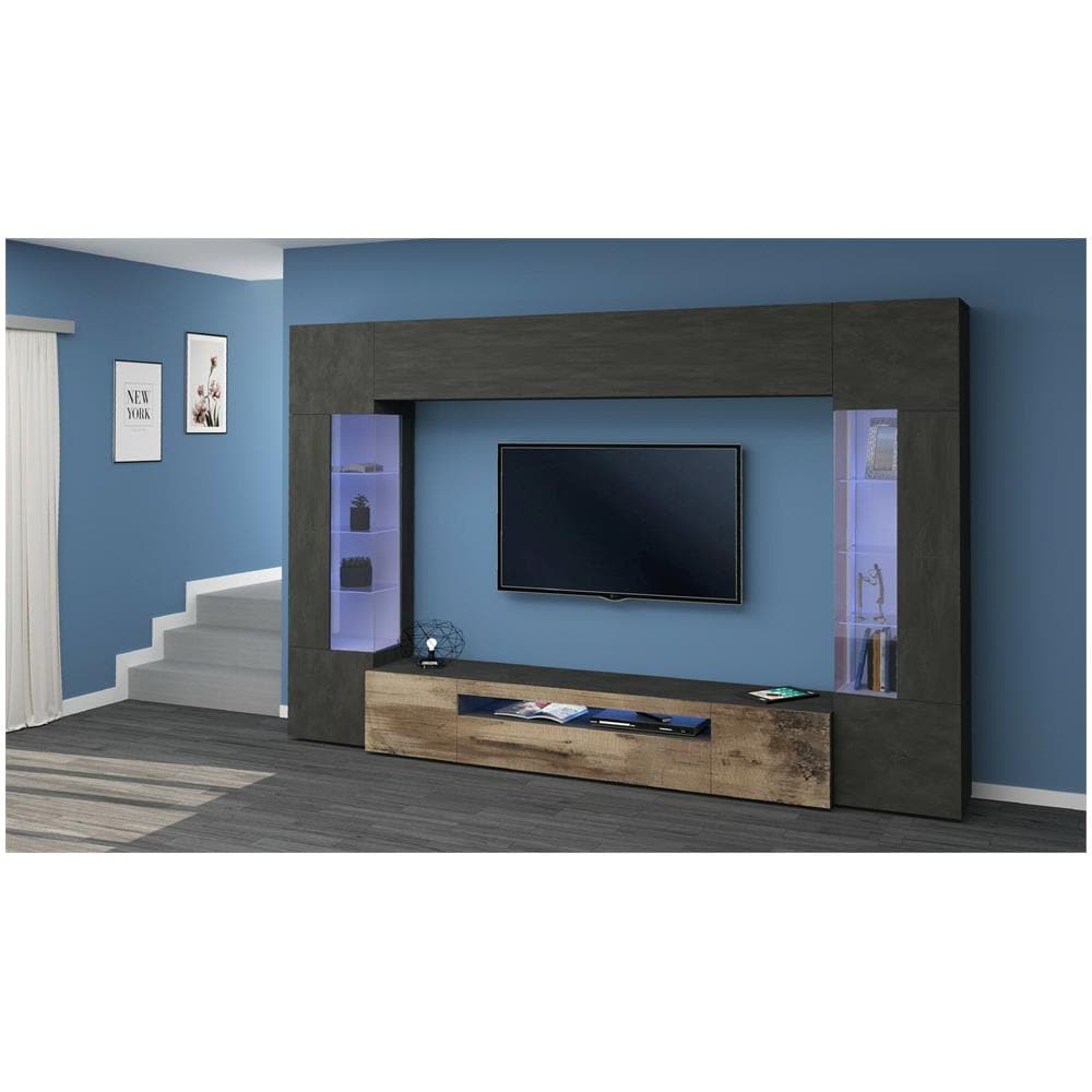 Parete Attrezzata Clementino, Set Salotto Porta Tv A 6 Ante, Mobile Soggiorno Multiuso Con Luce Led, 100% Made In Italy, Cm 290x40h191, Antracite E Acero - Foto 1