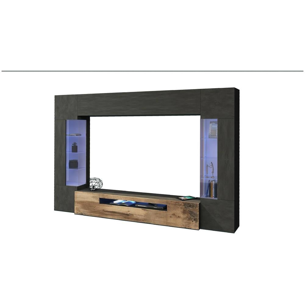 Parete Attrezzata Clementino, Set Salotto Porta Tv A 6 Ante, Mobile Soggiorno Multiuso Con Luce Led, 100% Made In Italy, Cm 290x40h191, Antracite E Acero - Foto 2