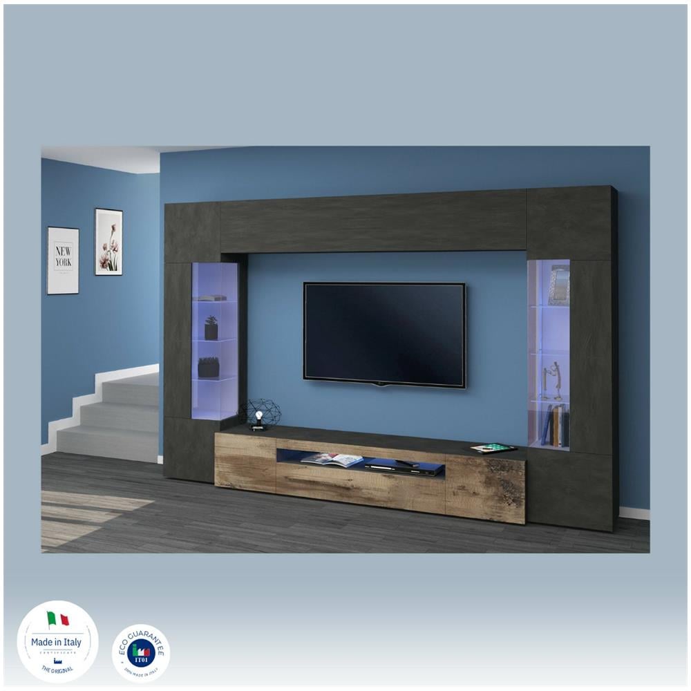 Parete Attrezzata Clementino, Set Salotto Porta Tv A 6 Ante, Mobile Soggiorno Multiuso Con Luce Led, 100% Made In Italy, Cm 290x40h191, Antracite E Acero - Foto 4