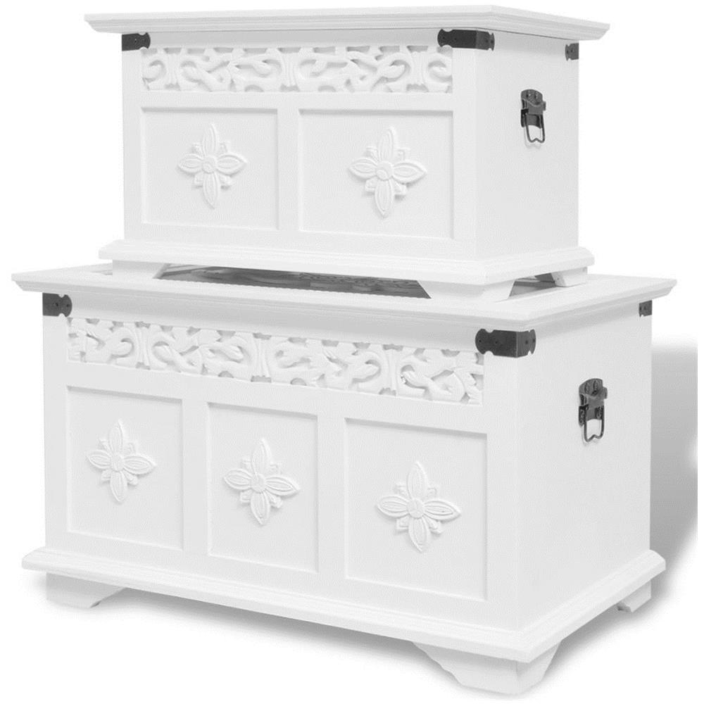 Set Di 2 Cassapanche In Legno Massello Di Acacia, Color Marrone, Con Finitura Spazzolata Bianca, Contenitori Portaoggetti Con Maniglie Laterali, Uso Anche Come Tavolini - 2