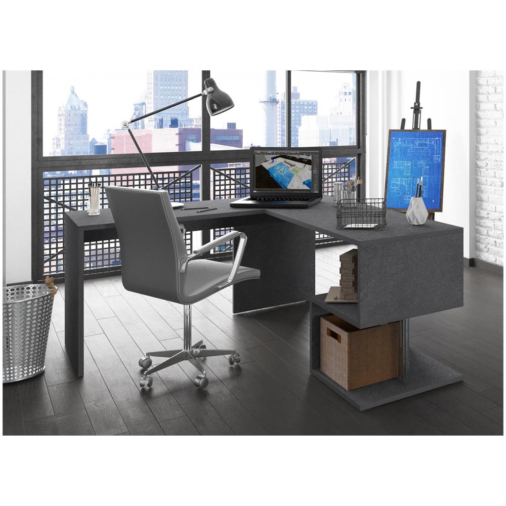 Dmora Scrivania moderna ad Esse per ufficio e studio con scaffale, Made in Italy, Tavolo da computer, Scrittoio porta PC, cm 140x60h75, colore Bianco frassinato