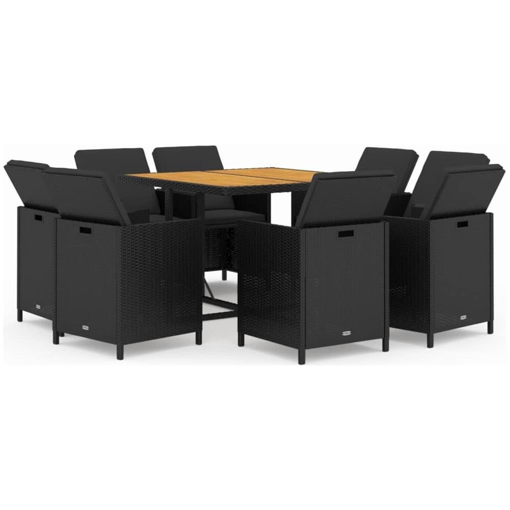 Set Da Pranzo Per Giardino 9pz Con Cuscini In Polyrattan Nero - Foto 1