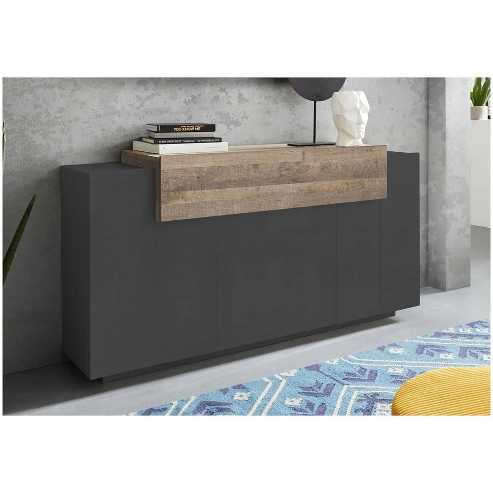 Credenza Aschly, Madia Da Cucina A 3 Ante, Buffet Da Soggiorno, 100% Made In Italy, Cm 160x46h85, Antracite E Acero - Foto 1