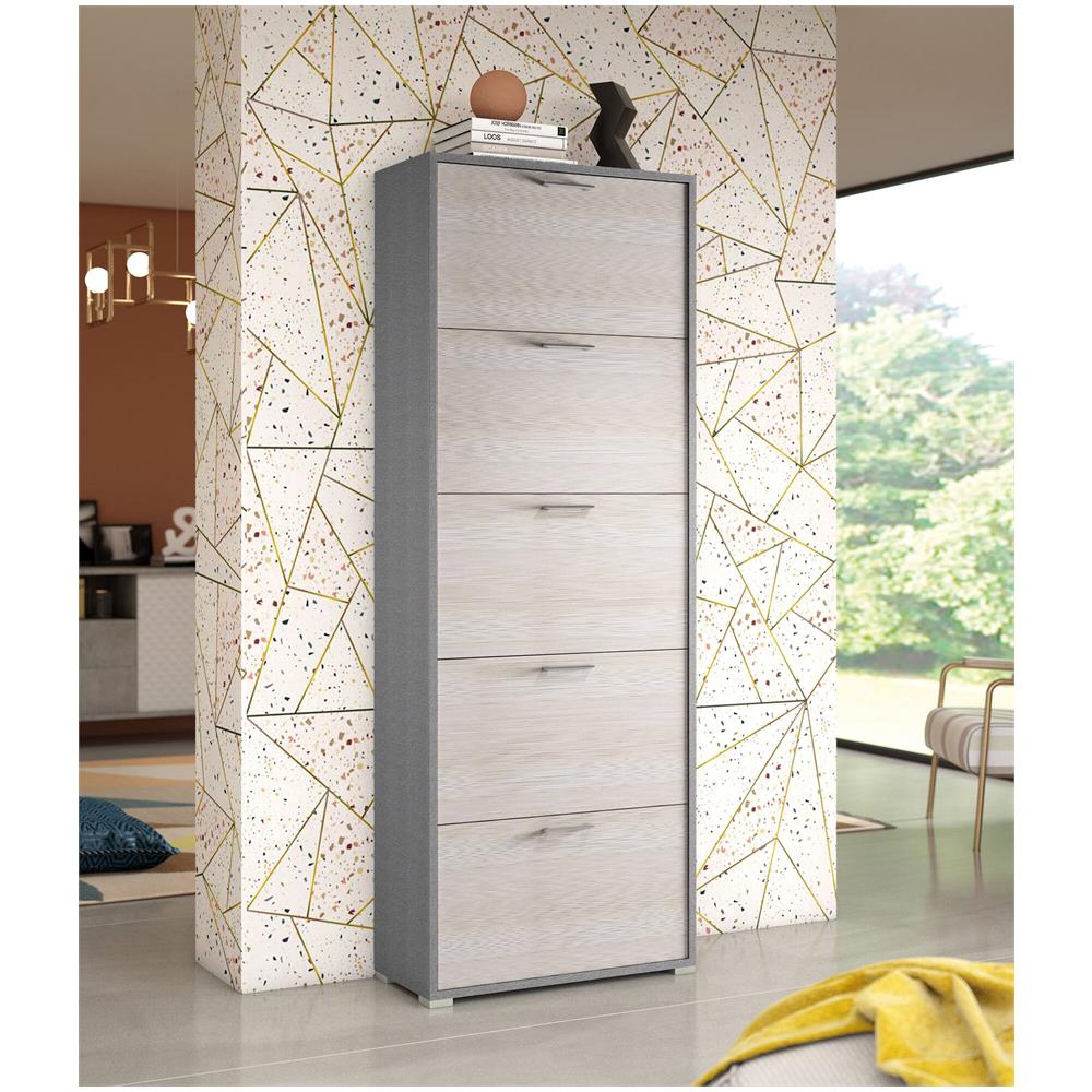 Scarpiera Surfinia, Mobile Multiuso Da Ingresso Con 5 Ante A Ribalta, Armadietto Portascarpe A Doppia Profondità, 100% Made In Italy, 67x28h183 Cm, Larice - Foto 1