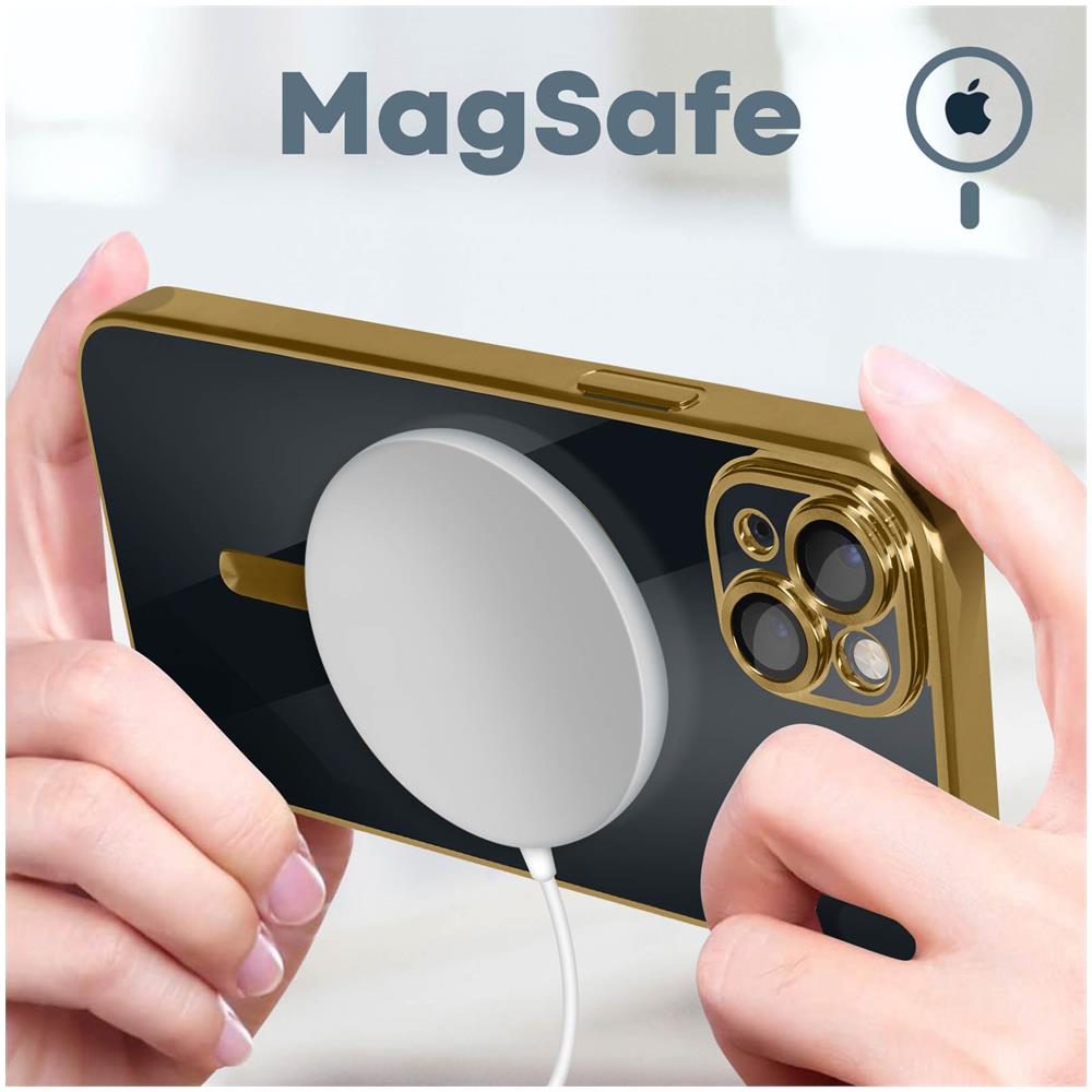 Cover Magsafe Per Iphone 14 Plus Silicone Protezione Fotocamera Bordo Oro - Foto 2
