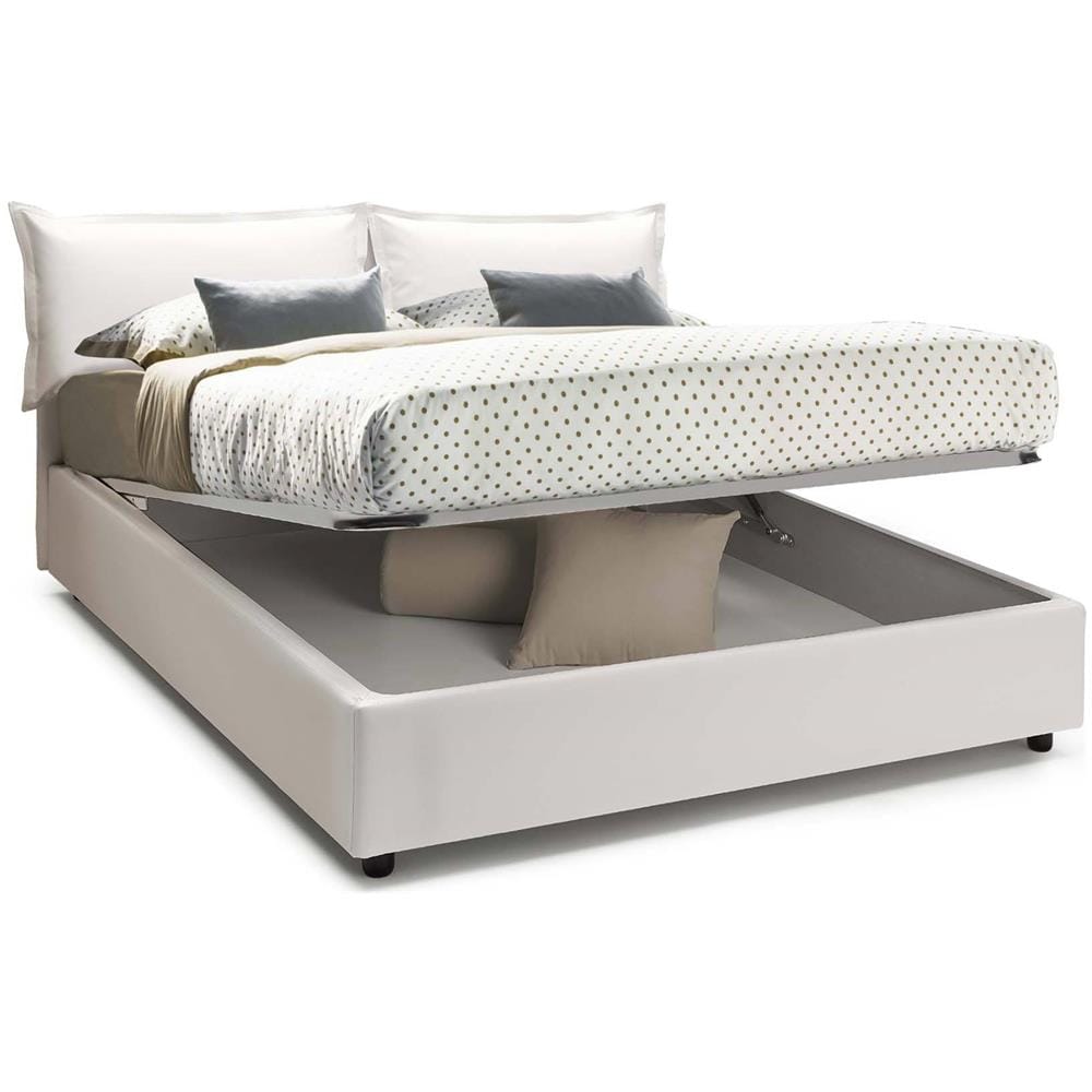Letto Matrimoniale Nora, Letto Contenitore Con Rivestimento In Ecopelle, 100% Made In Italy, Apertura Frontale, Con Materasso Cm 160x190 Incluso, Bianco - Foto 2