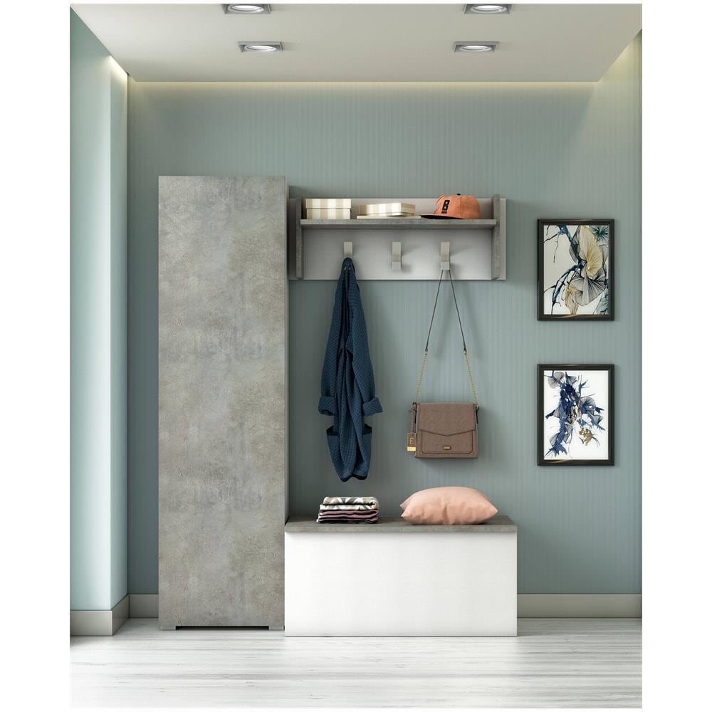 Armadio Multiuso Fiordaliso, Mobile Lineare A 1 Anta E 7 Ripiani, Colonna Da Ingresso O Bagno, Scarpiera Moderna, 100% Made In Italy, 50x30h182 Cm, Cemento E Bianco - Foto 1