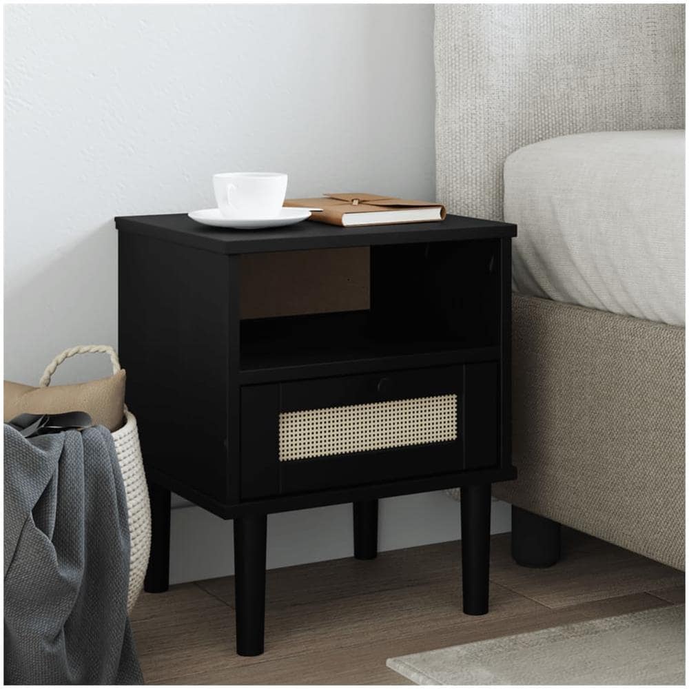 Comodino Senja Nero Aspetto Rattan 40x35x48 Cm In Legno Di Pino - Foto 1