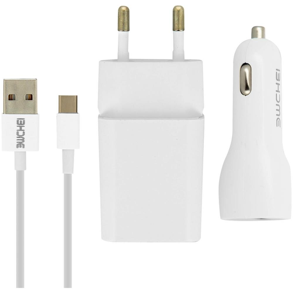 Kit Caricabatteria 2.1a + Caricatore Auto 2.1a + Cavo Usb Tipo C 1m - Bianco - Foto 1
