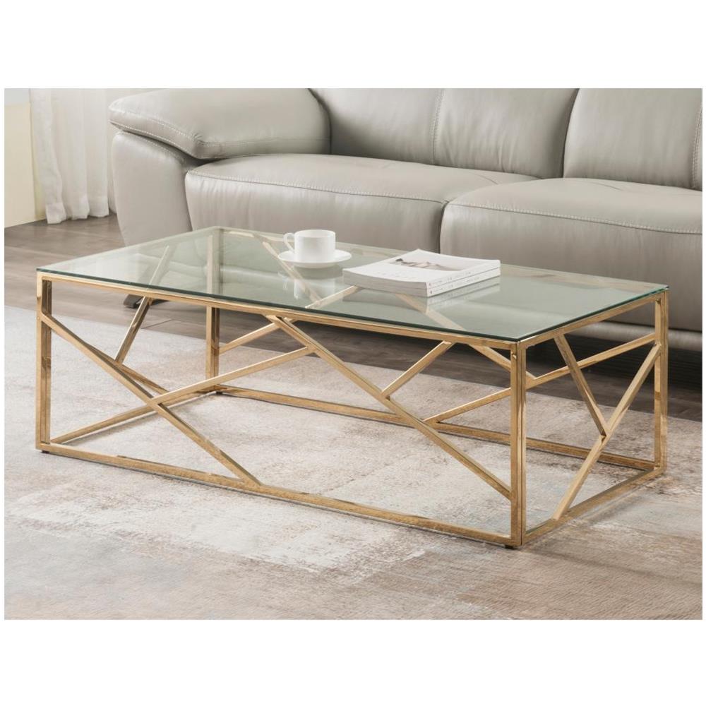 Tavolino Da Caffè Beverly Con Struttura In Acciaio Dorato E Piano In Vetro Temperato Trasparente - Design Moderno, Glamour E Minimalista