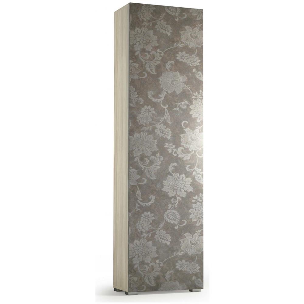 Armadio Multiuso Fiordaliso, Mobile Lineare A 1 Anta E 7 Ripiani, Colonna Da Ingresso O Bagno, Scarpiera Moderna, 100% Made In Italy, 50x30h182 Cm, Olmo E Fantasia - Foto 2