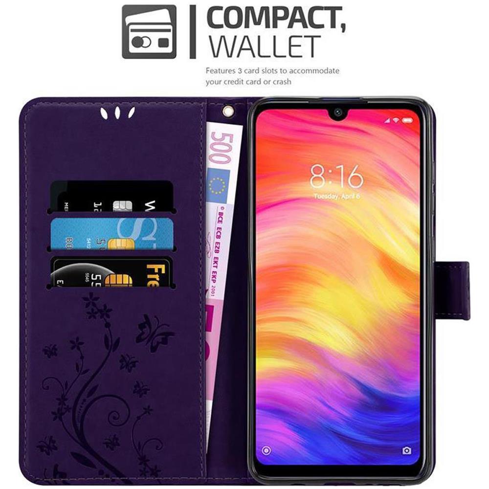 Custodia Compatibile Con Xiaomi Redmi Note 7 In Lilla Scuro Fiore - Coperchio Protettivo In Design Floreale Con Chiusura Magnetica, Funzione Stand E Slot Per Carte - Foto 2