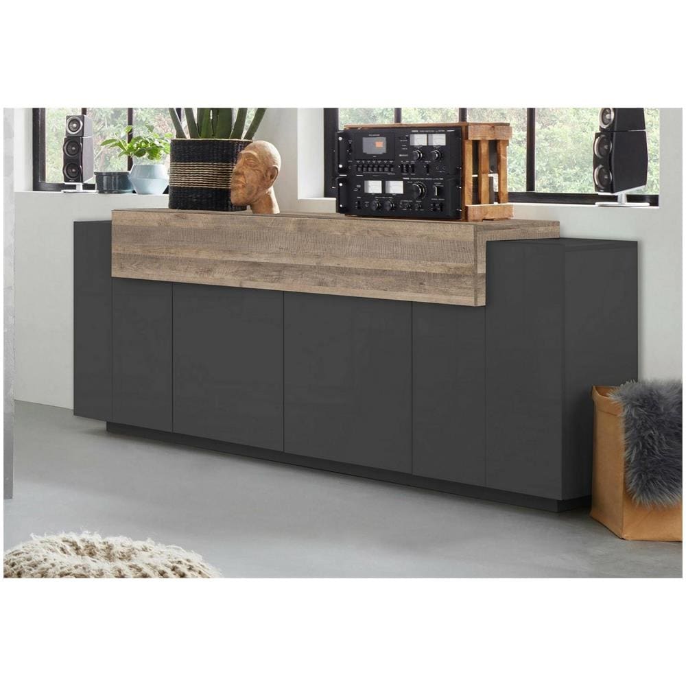 Credenza Loris, Madia Da Cucina A 4 Ante, Buffet Da Soggiorno, 100% Made In Italy, Cm 220x45h86, Antracite E Acero - Foto 1