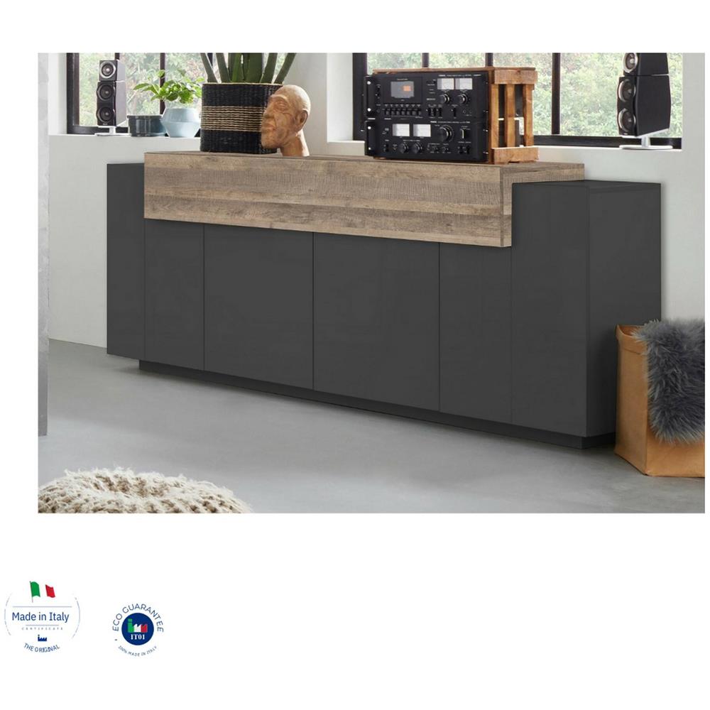 Credenza Loris, Madia Da Cucina A 4 Ante, Buffet Da Soggiorno, 100% Made In Italy, Cm 220x45h86, Antracite E Acero - Foto 4