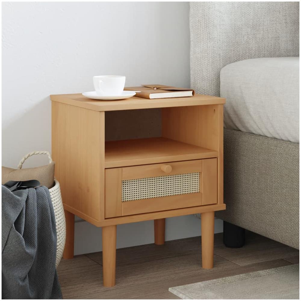 Comodino Senja Marrone Aspetto Rattan 40x35x48 Cm In Legno Pino - Foto 1