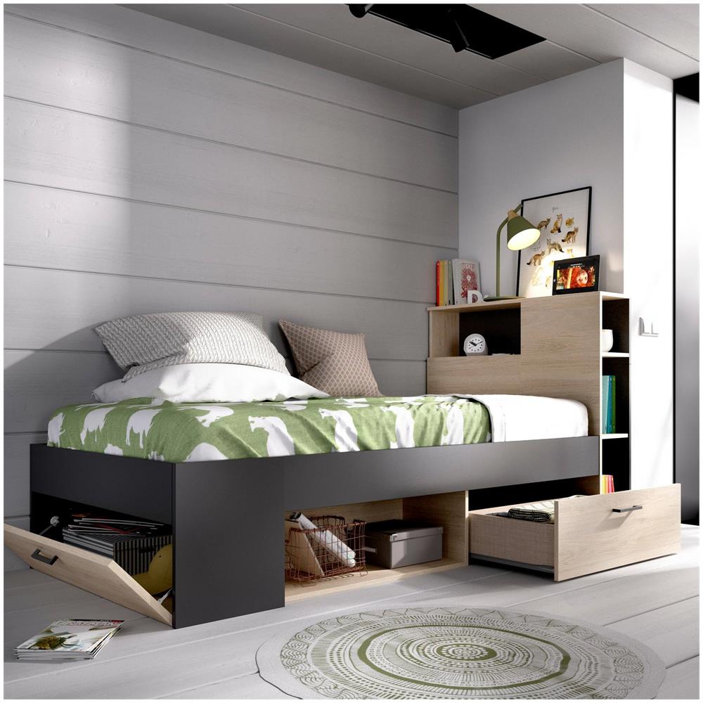 Letto Per Bambini Cristallo, Lettino Per Cameretta Con Testiera, Struttura Per Letto Singolo Con Cassetto E Scaffali, 218x99h96 Cm, Rovere E Antracite - Foto 4