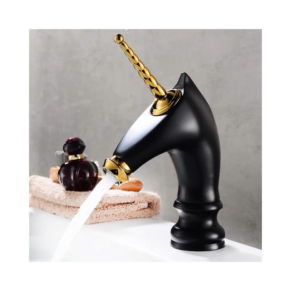 Rubinetto per lavabo da bagno, Blackswan, tipo M280 Unicorn, modello corto nero /oro lucido, misura 20 cm - Foto 2