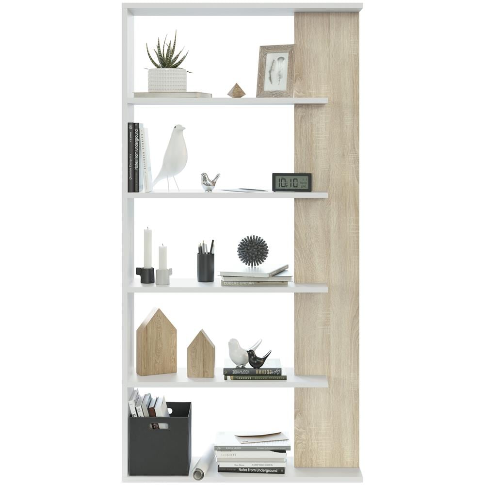 Libreria Lugo Colore Bianco /rovere 5 Fori, Per Soggiorno, Sala Da Pranzo O Ufficio, 90 Cm (larghezza) 25 Cm (profondità) 180 Cm (altezza) - Foto 2