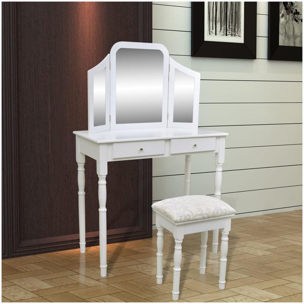 Toeletta Spogliatoio Con Specchio E Sgabello 3-in-1 2 Cassetti Bianco - Foto 2