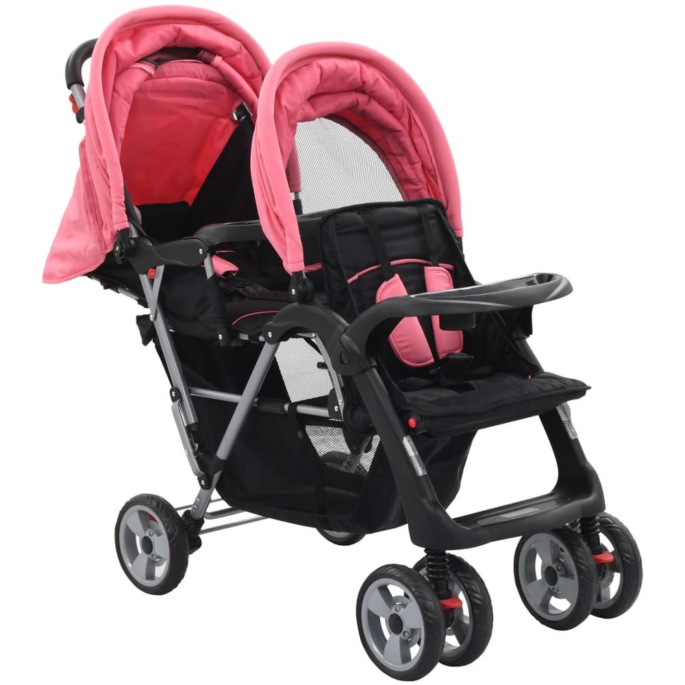 Passeggino Gemellare A Tandem Rosa E Nero In Acciaio - Foto 2