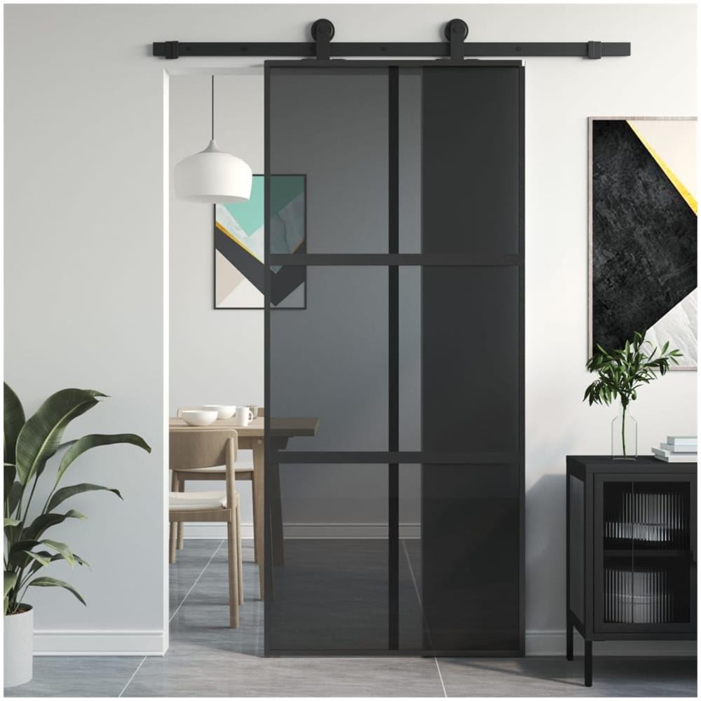 Porta Scorrevole Nera 90x205 Cm In Vetro Temperato E Alluminio - Foto 1