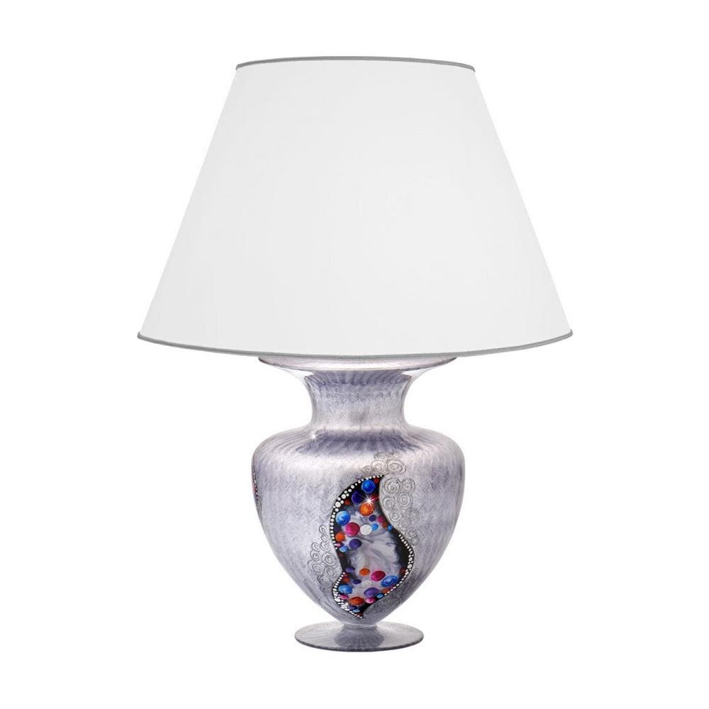 Lampada Da Tavolo Grande Con Paralume Affusolato In Tessuto Di Design Cromato - Motivo Argento Bacio, 1x Attacco E27 - Foto 1