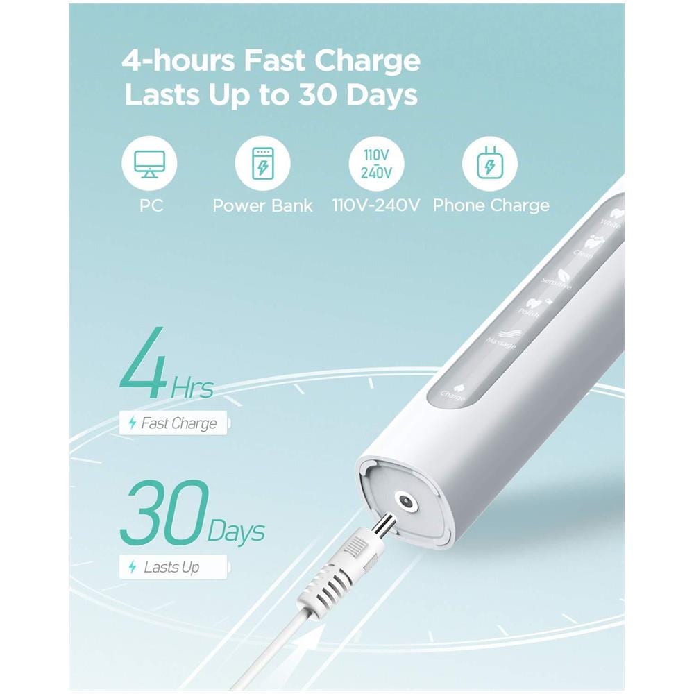 Spazzolino Elettrico Ricaricabile 4 Ore Calcolo Minimo 30 Giorni Usare Dentisti Raccomandano Spazzolino Da Denti Con 5 Opzionale Modi Impermeabili Completamente Lavabile 3 Teste Pennello Bianco Di Fairywill - Foto 2