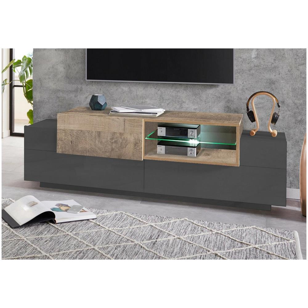 Mobile Porta Tv Pablo, Credenza Bassa Da Soggiorno, Base Porta Tv, 100% Made In Italy, Cm 160x45h51, Antracite E Acero - Foto 1