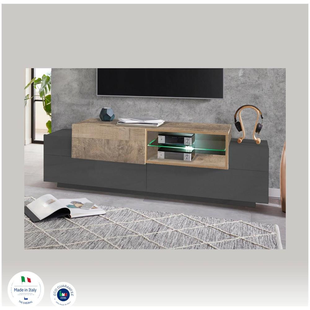 Mobile Porta Tv Pablo, Credenza Bassa Da Soggiorno, Base Porta Tv, 100% Made In Italy, Cm 160x45h51, Antracite E Acero - Foto 4