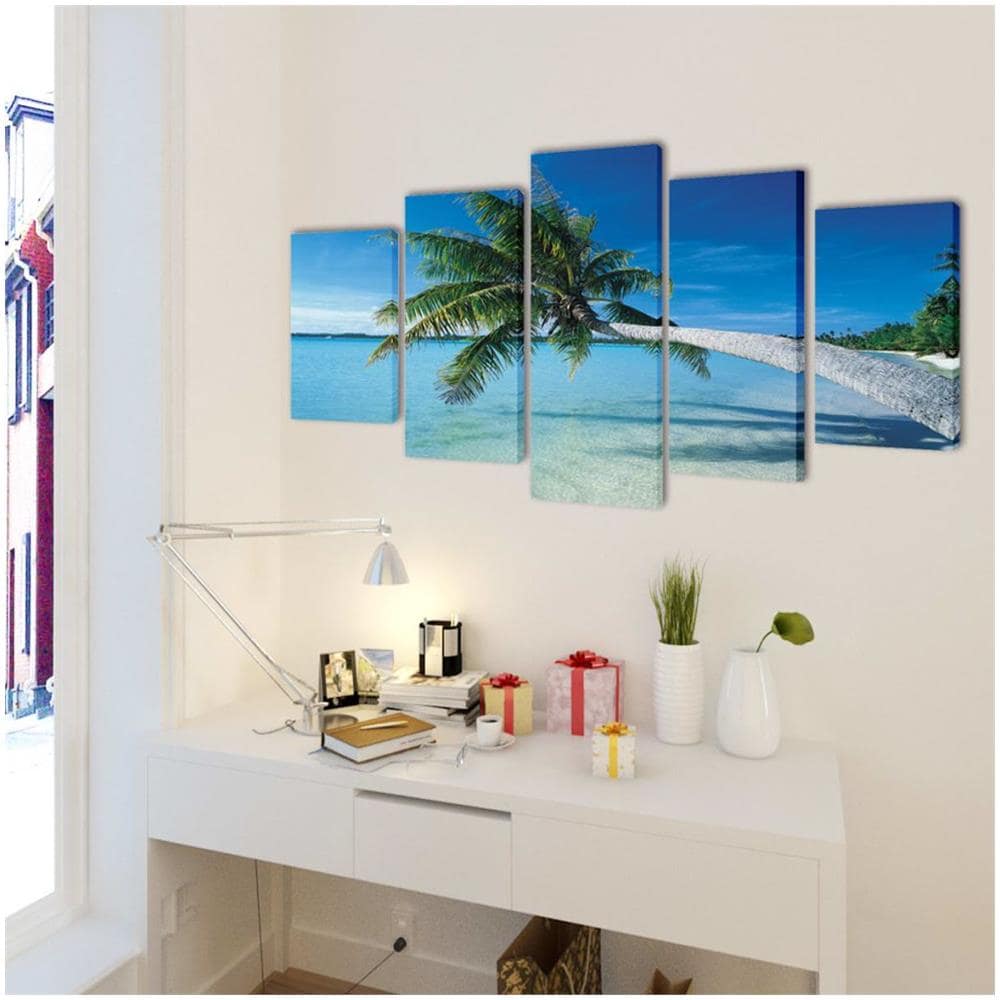 5 Pz Set Stampa Su Tela Da Muro Spiaggia Con Palma 200 X 100 Cm - Foto 2
