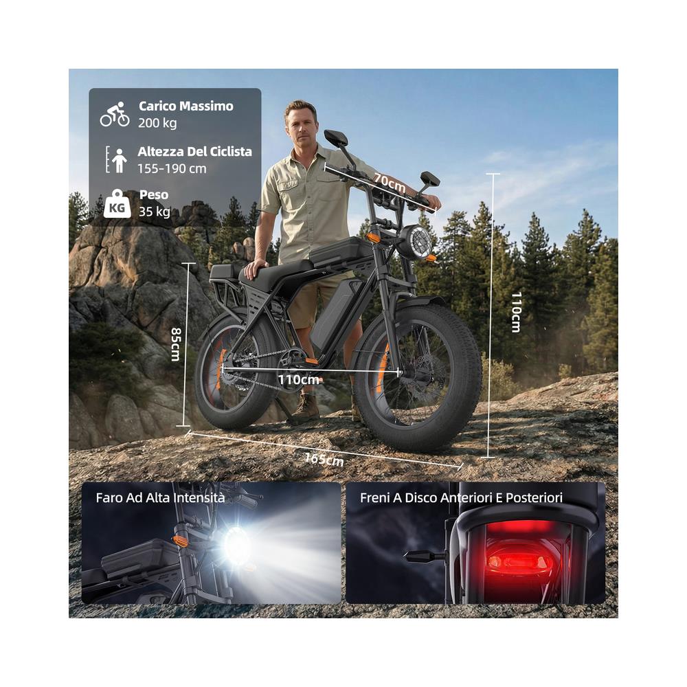 Bicicletta Elettrica X5- 20 Pollici Fat E-bike Batteria Rimovibile 48v15ah Autononomia 50-80km Con Ripiani 250w - Foto 8
