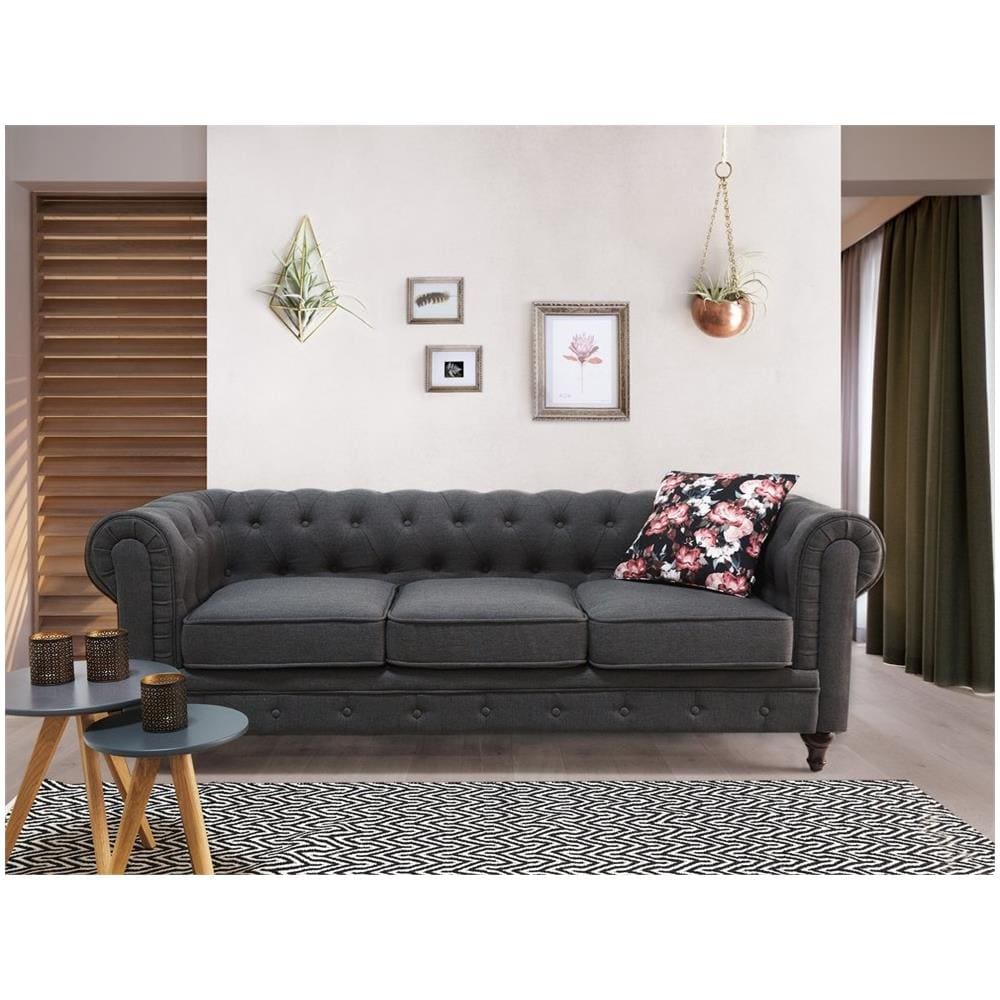 Divano Vintage A 3 Posti In Tessuto Grigio Chesterfield - Foto 2